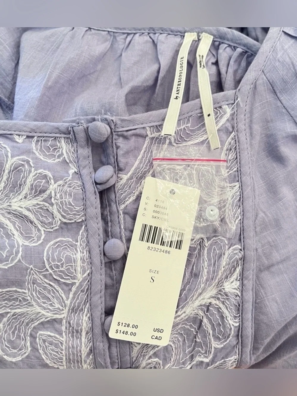 NWT Anthropologie Embroidered Lace Babydoll Blouse Small Periwinkle - Picture 7 of 7